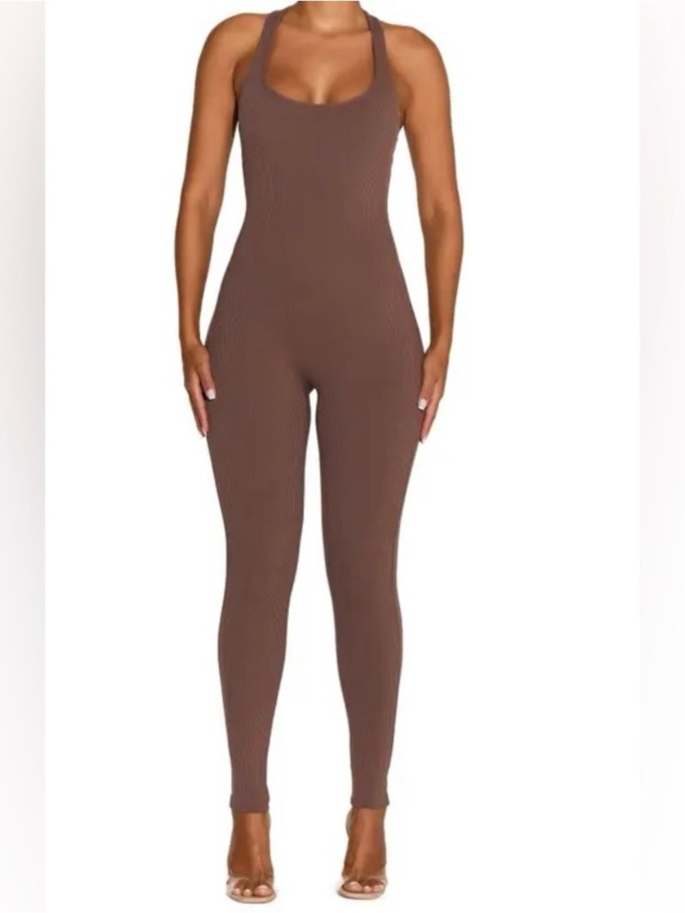Naked Wardrobe The NW Sculpt Racerback Tank Jumpsuit Espresso